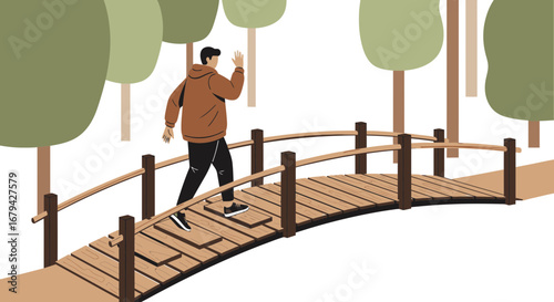 Man Crossing Wooden Bridge Amidst Forest: An Illustrative Nature And Life Scene