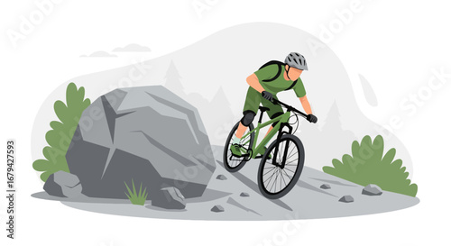 Mountain Biking Adventure: Cyclist Descending A Rocky Trail in a Vibrant Illustration