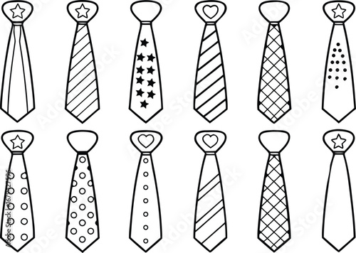 Black and White Tie Pattern Set of Various Designs for Creative Projects and Educational Resources Featuring Stars Hearts Stripes and Dots