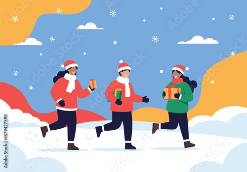 Three friends enjoying winter holidays with gifts and snow