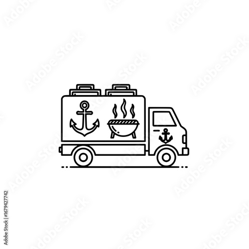 Boat with anchor and barbecue grill with transparent background