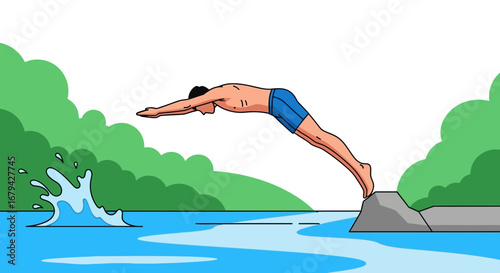 Man Diving With Grace Into Water Creating Splashes With Surrounding Natural Elements
