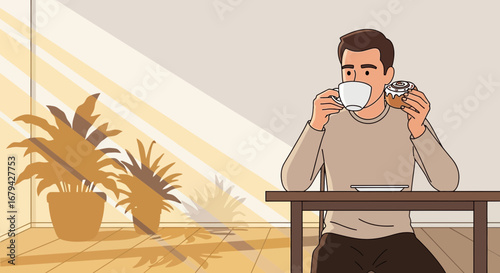 Man Drinking Coffee and Eating Pastry with Sunlight Shining Through the Window