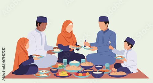 Adobe illustrator artwork vector illustration of a happy Muslim family, including parents and children, sharing a traditional meal together on the floor during Ramadan or Eid.