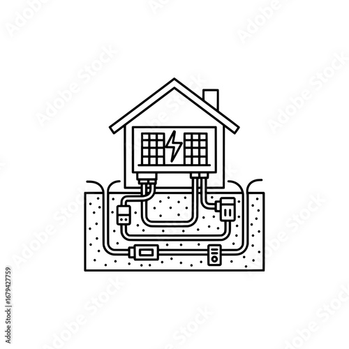 House with solar panels and electrical wiring with transparent background