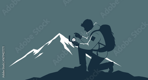 Mountain Explorer Navigating With Compass Beneath Snowcapped Peaks For Adventure
