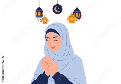 Devotional muslim woman in prayer during ramadan festival with crescent moon and lanterns