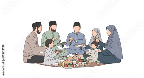 Adobe illustrator artwork vector illustration of a happy Muslim family, including parents and children, sharing a traditional meal together on the floor during Ramadan or Eid.