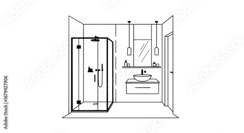 Modern bathroom with shower and vanity on transparent background