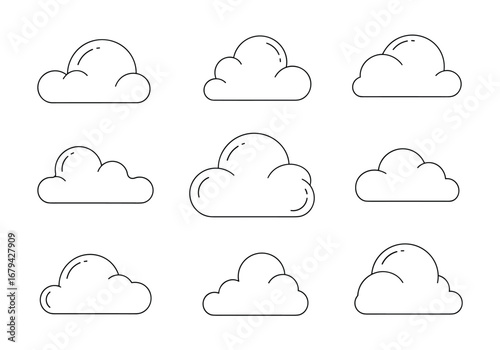 Collection of fluffy cartoon cloud shapes outline drawing style