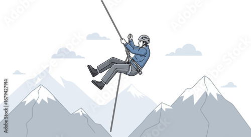 Mountaineer Descending a Cliff Face with Courage Facing the Snowy Mountain Peaks