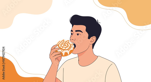 Man Enjoying a Delicious Glazed Donut in Modern Minimalist Illustration Style