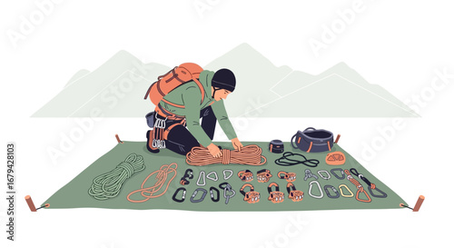 Mountaineer Preparing Gear For Adventure, Readying Equipment In Preparation For Climb