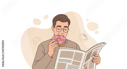 Man enjoying glazed donut while reading newspaper with coffee cup and croissant illustrations