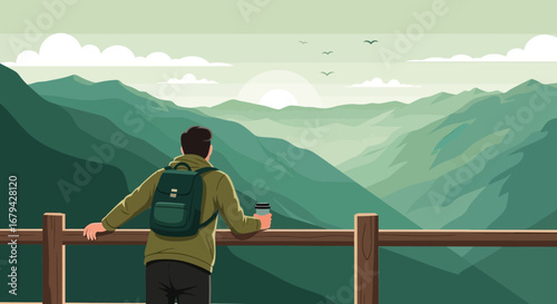 Man enjoying morning coffee while admiring mountain view from a viewpoint