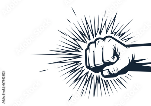 Powerful fist punch impact exploding force strike action motion energy