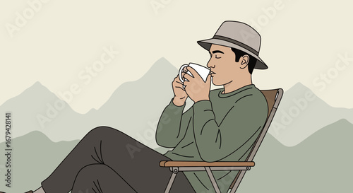 Man enjoying morning coffee with mountain view while sitting in a chair, relaxing
