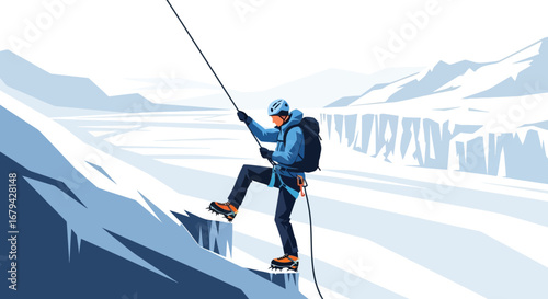 Mountaineer Scaling Icy Heights Against A Backdrop Of Snowy Mountains In Dramatic Illustration