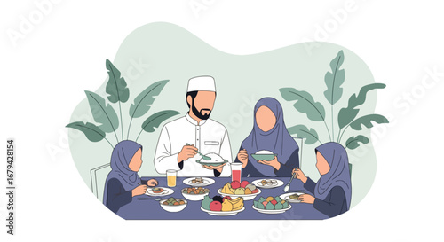 Adobe illustrator artwork vector illustration of a happy Muslim family, including parents and children, sharing a traditional meal together on the floor during Ramadan or Eid.
