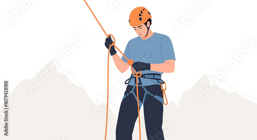 Mountaineer Securing Climbing Gear Before Ascent Against Mountain Snowy Background