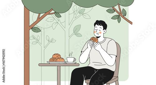Man Enjoying Pastry And Coffee Beneath A Canopy Of Trees During Delightful Afternoon