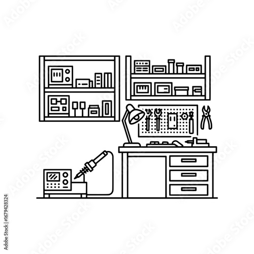 Workshop tools and desk furniture with transparent background