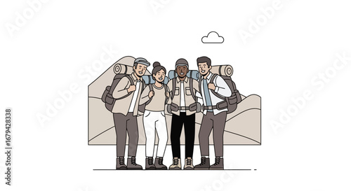 Multiethnic Group Of Hikers Ready For Adventure In The Mountains And Nature