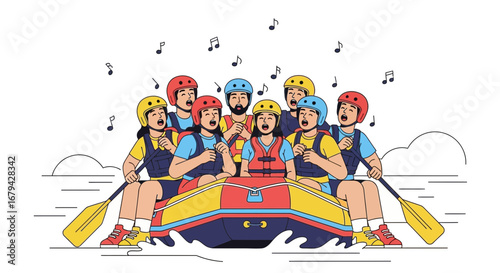 Musical Rafting Adventure: Singing Together on a White Water River Experience Illustration