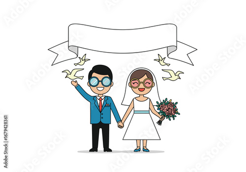 Joyful pixel art couple celebrating their wedding day together happily