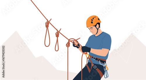 Mountaineering Gear Preparation Demonstrating Ropework And Ascending Skills For Extreme Sports