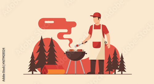 Man Grilling Outdoors Amidst Camping Scenery With Trees And Tent Illustration