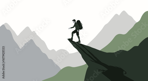 Man Hikes Towards Summit Silhouette Against a Mountain Range Silhouette, Bold Colors
