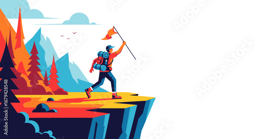 Man Hiker Climbing Mountain with Flag Symbolic of Success and Achievement on Top