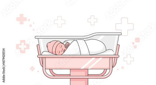 Newborn Baby Resting Comfortably in a Hospital Bassinet With Medical Crosses