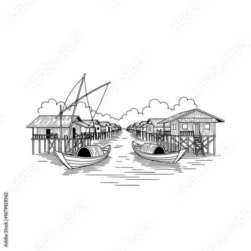 Fishing village with boats and stilt houses on black background