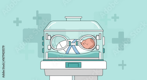 Newborn Baby Resting Peacefully Inside Medical Incubator In A Contemporary Illustration Style
