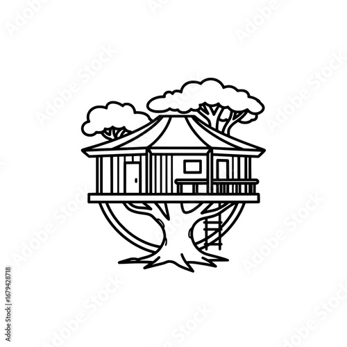 Treehouse with dark outline and transparent background