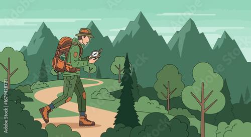 Man hiking with a compass in the mountains exploring and navigating the outdoors