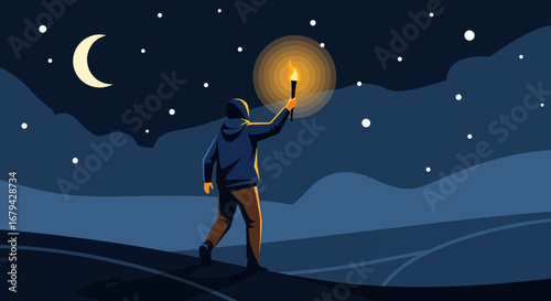 Man holding a torch walking at night searching for guidance and direction