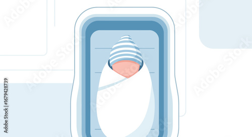 Newborn baby swaddled in a hospital bassinet, medical illustration, graphic design