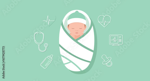 Newborn Baby Swaddled with Medical Symbols Displaying Infant Healthcare and Wellness