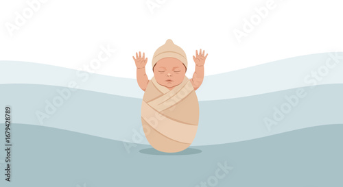 Newborn Baby with Arms Raised Swaddled in Beige Cloth on Gentle Pastel Background
