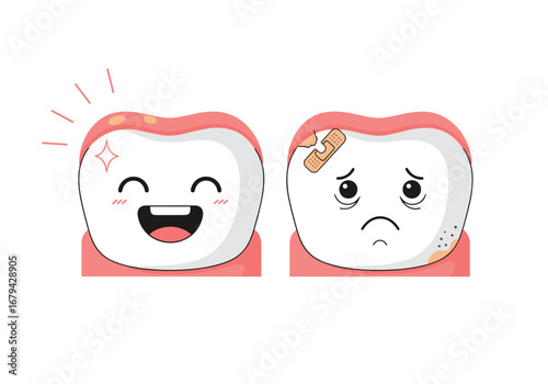 Happy healthy tooth versus sad damaged tooth dental illustration