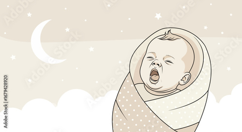 Newborn In A Swaddling Cloth Yawns Under The Moonlight Amidst Stars and Clouds