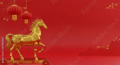 Golden horse statue with red lanterns on red background