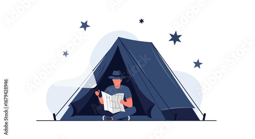 Man inside a tent reading a map under the stars during a camping trip night adventure
