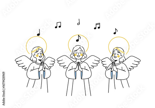 Three angels sing joyful christmas carols together in harmony