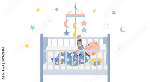 Newborn Infant Reaching For Nursery Mobile, Smiling In Crib, Vector Illustration