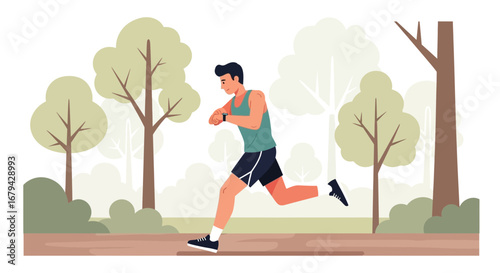 Man jogging in a park using a smartwatch vector illustration for health and fitness