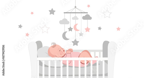Newborn Serenity: A Peaceful Dreamer Lying in Crib with Decorative Mobile and Stars